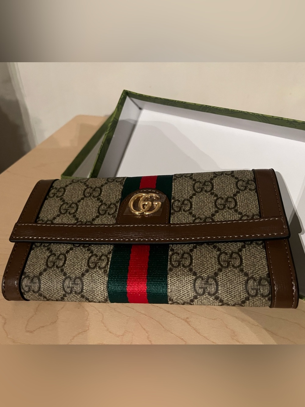 Gucci GG Supreme Canvas Wallet in Brown with Green and Red Web